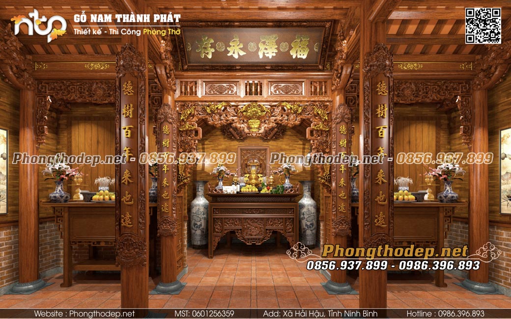 Nội thất nhà gỗ 3 gian có hậu cung
